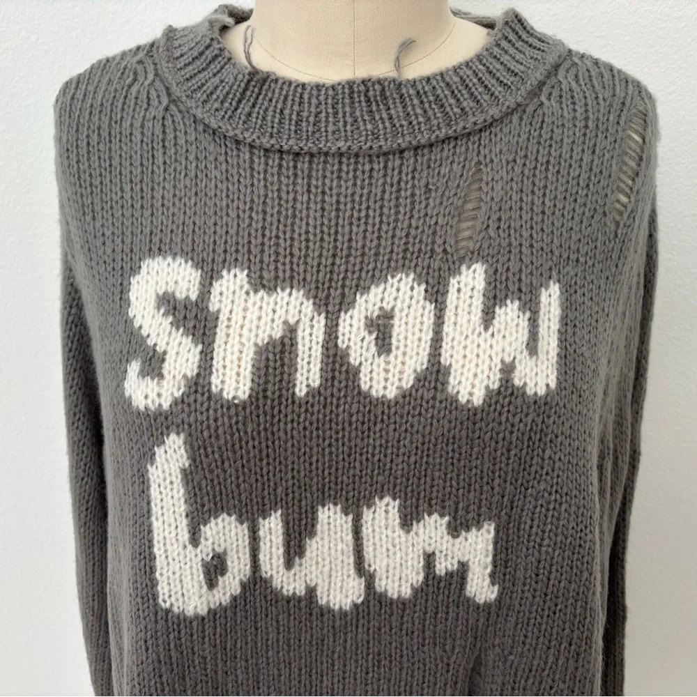 Wooden Ships Snow Bum Graphic Sweater NWT Gray Distressed Slouchy Winter S/M